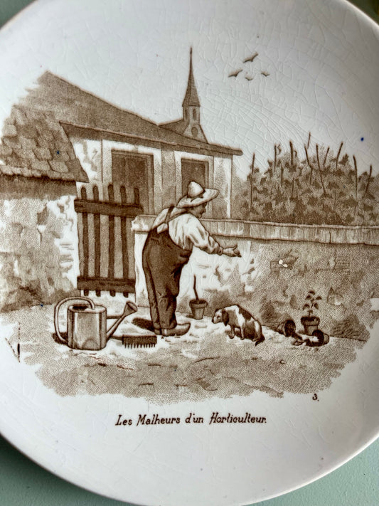 Assiette parlante Sarreguemines – Les malheurs d'un horticulteur Vaisselle Patine
