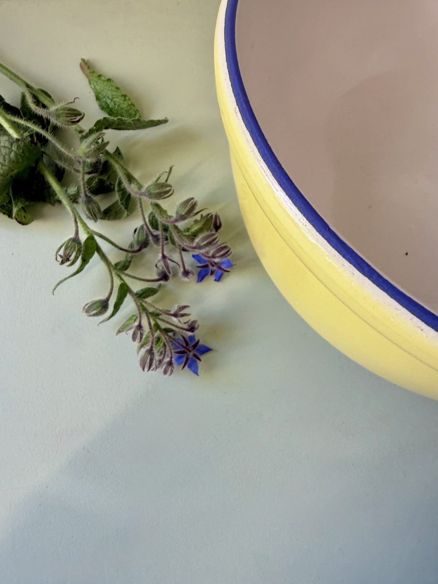 Grand saladier jaune avec liseré bleu