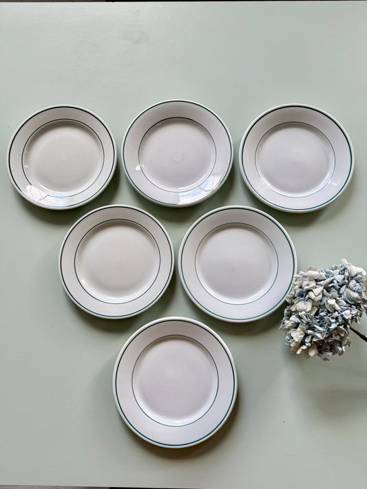 Assiettes plates beige avec liseré vert Pyroblan Sarreguemines - Lot de 6