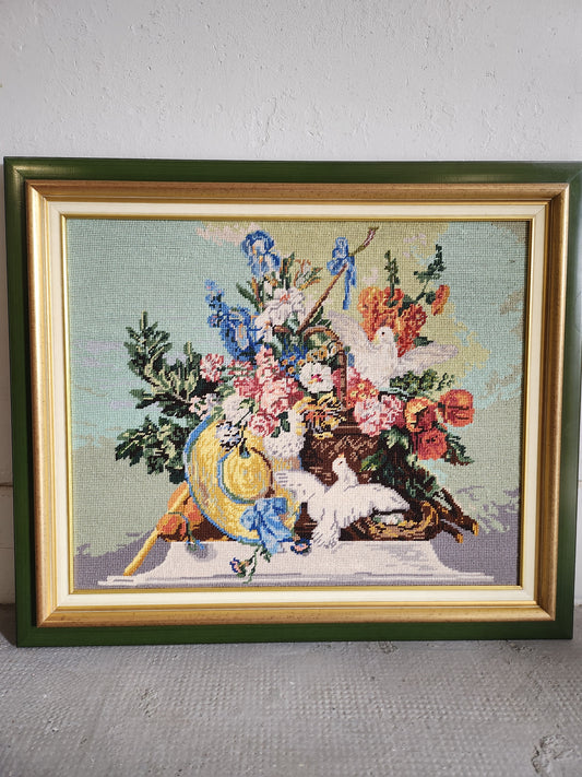 Tableau en bois avec ornement en point de croix Patine