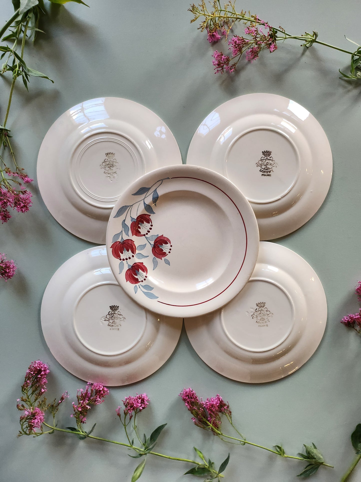 Assiettes plates fleuries Sarreguemines lot de 5 Patine