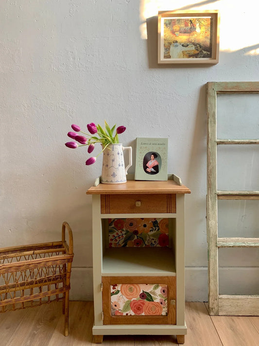 chevet vert farrow and ball bois papier peint fleuri Rénovation sur mesure haut-rhin