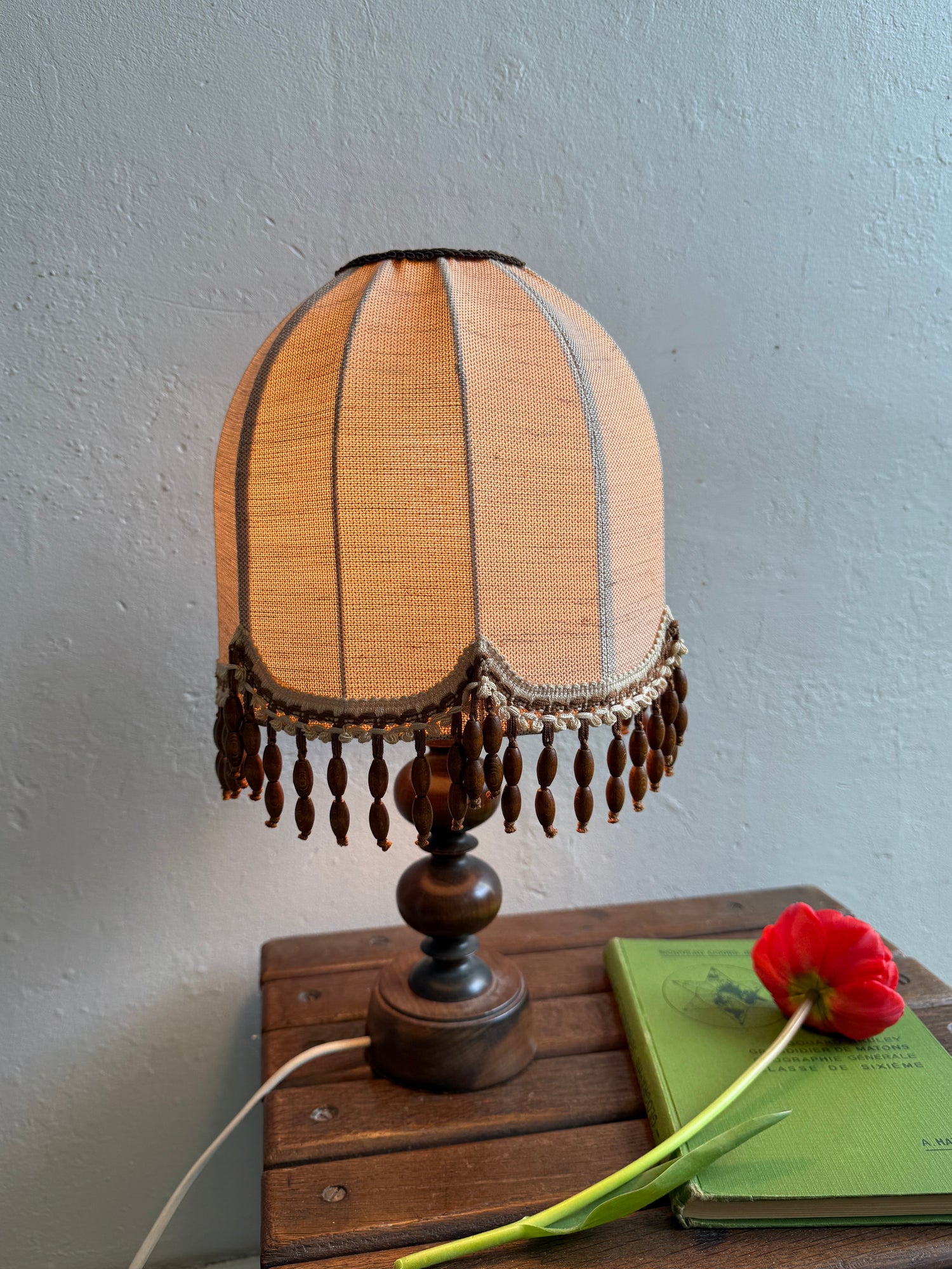 Lampe de table ancienne allumée avec pied en bois tourné et abat-jour rétro frangé de perles en bois marron. Posée sur un meuble en bois rustique à côté d'un livre ancien vert et d'une tulipe rouge fraîche.