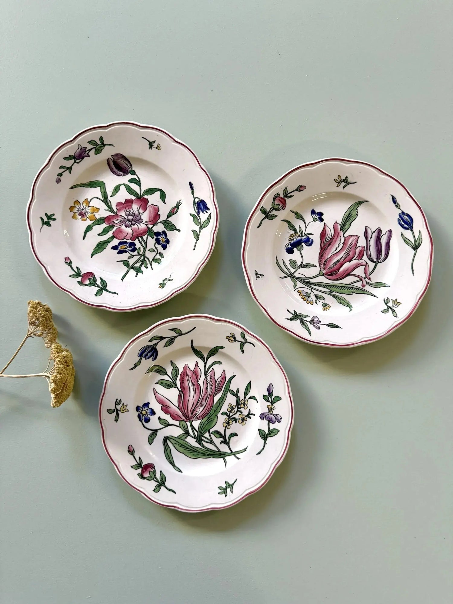 Trois assiettes anciennes en faïence blanche à bord contourné et liseré bordeaux, décorées de motifs floraux peints (tulipes et fleurs roses, violettes et bleues). Présentées à plat sur un fond uni vert amande à côté d'une petite fleur séchée.