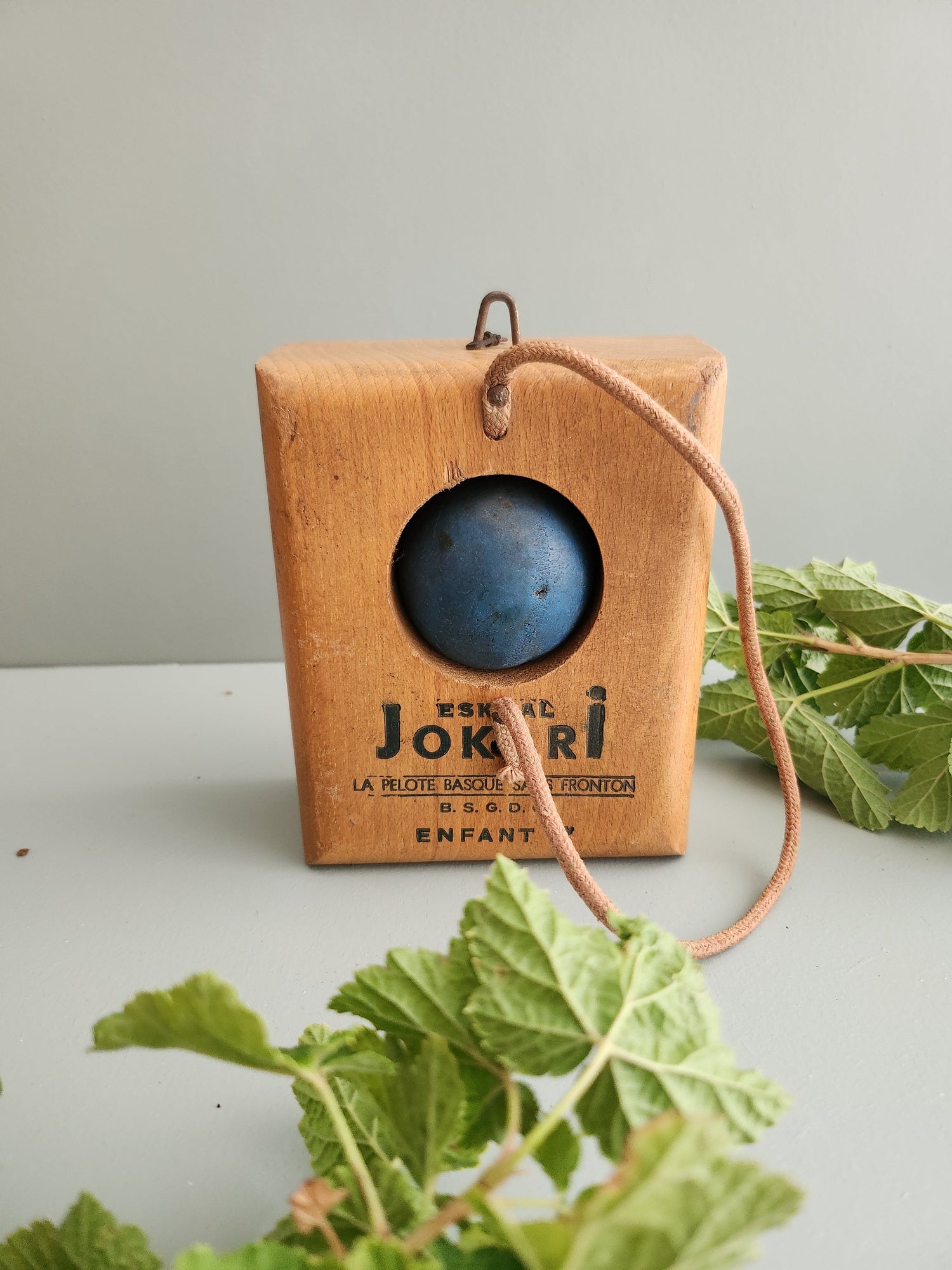 Jeu de Jokari ancien en bois avec socle lesté marqué "Eskual Jokari - La pelote basque sans fronton - Enfant". Balle en caoutchouc bleu logée au centre, reliée par un élastique marron. Posé sur une surface grise avec des branches de feuilles vertes.