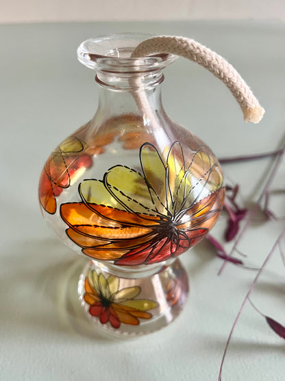 Lampe à huile en verre fleurs orange   Patine
