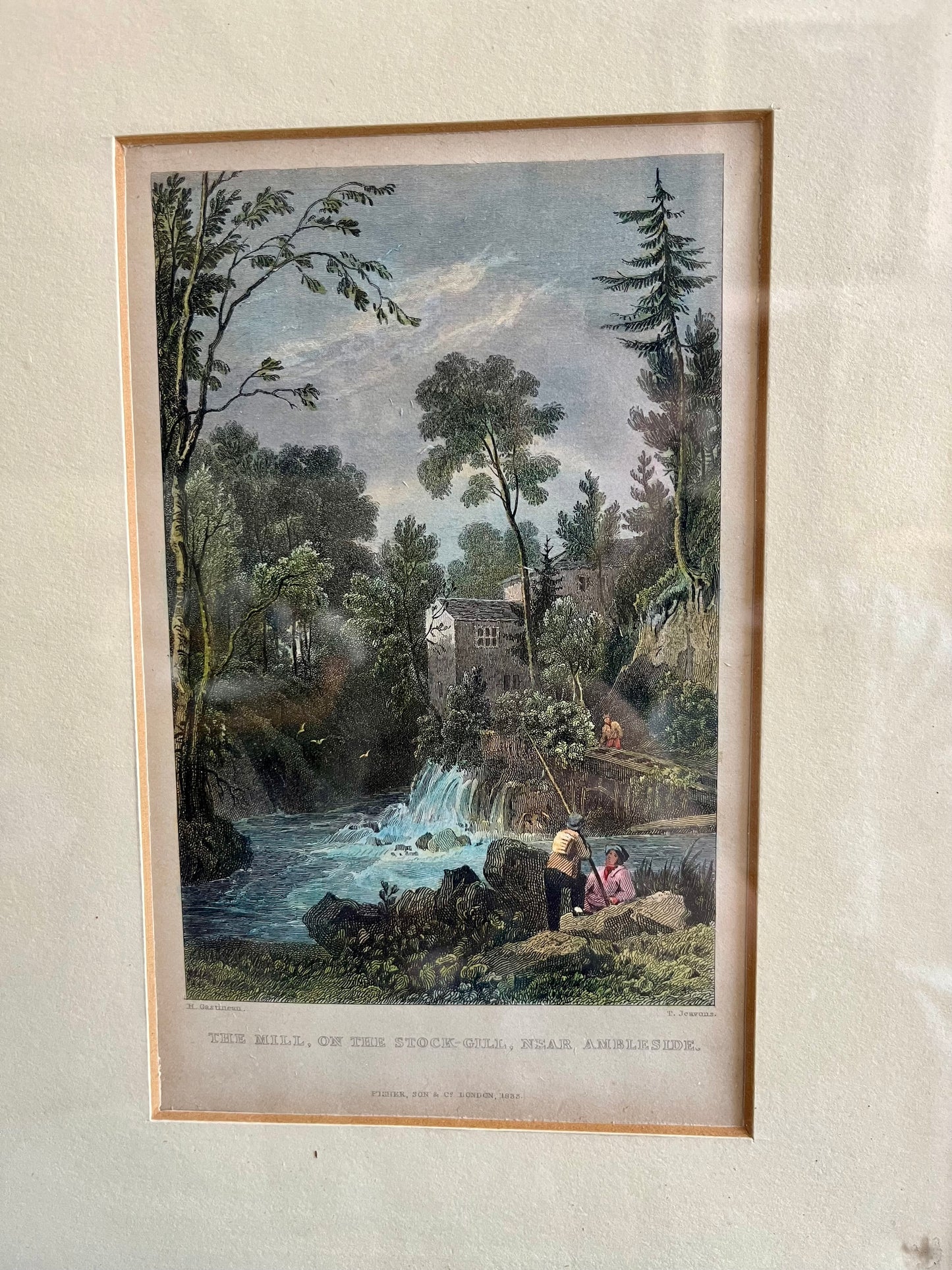 Cadre ancien avec illustration paysage moulin et cascade