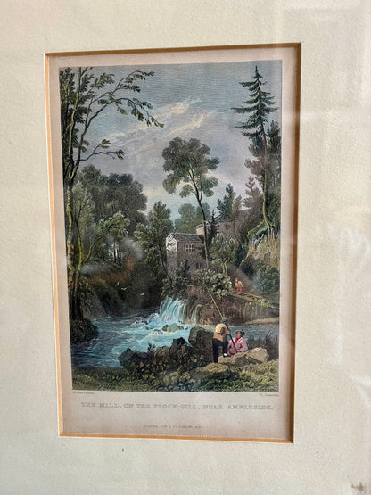 Cadre ancien avec illustration paysage moulin et cascade