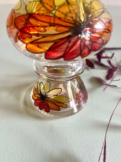 Lampe à huile en verre fleurs orange   Patine