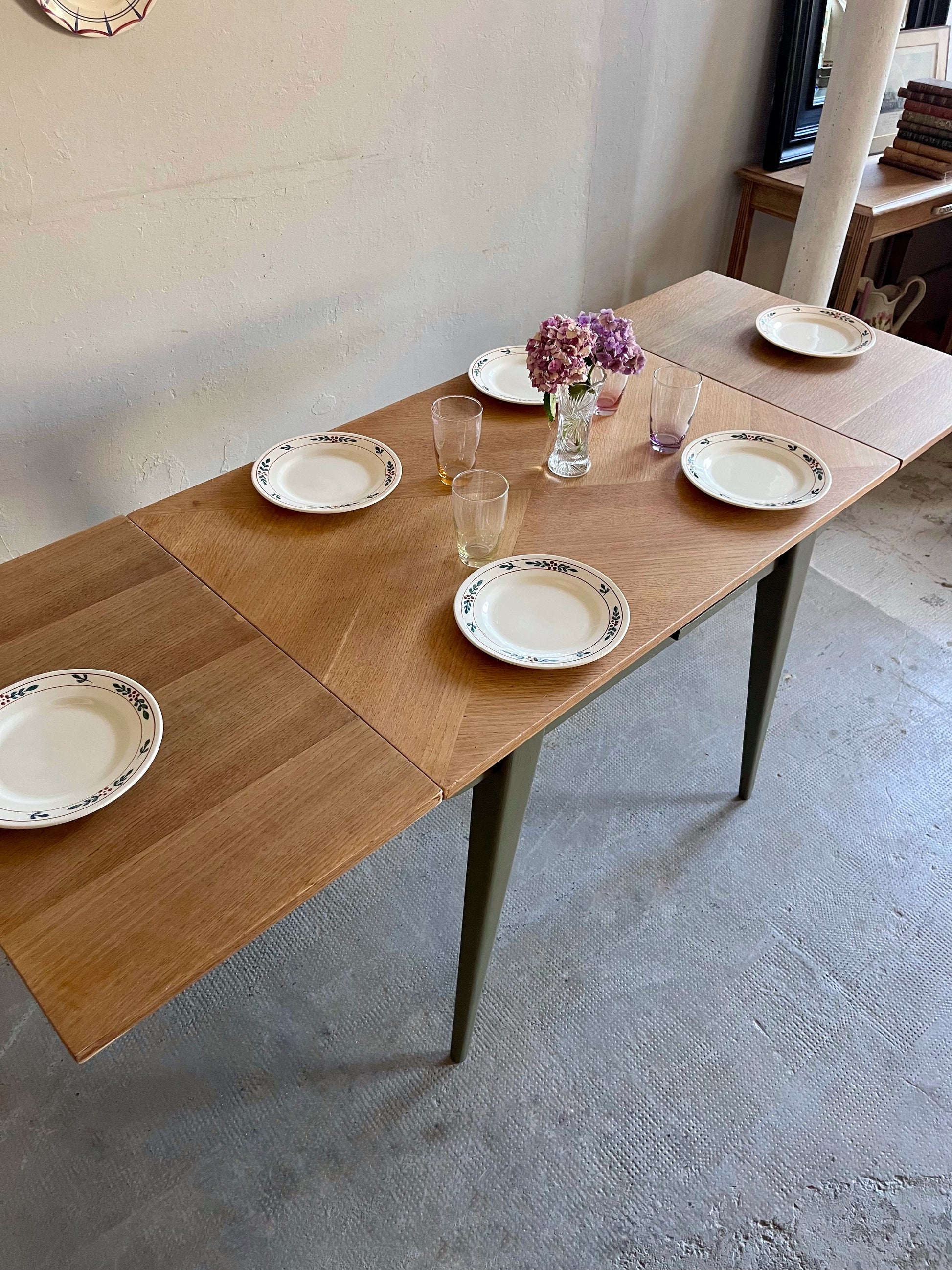 Table pieds compas avec allonges  Meubles Patine