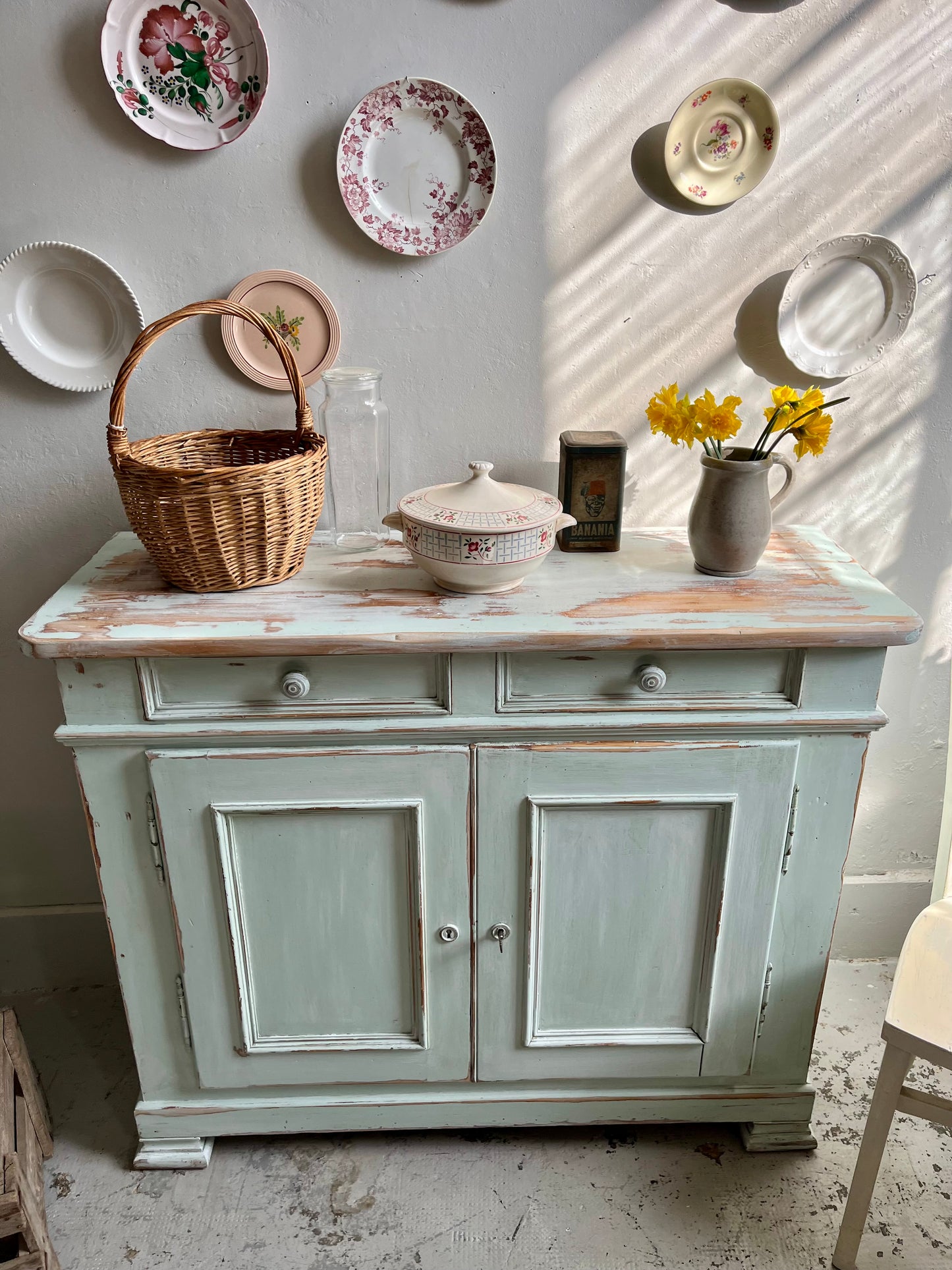 Buffet ancien patiné 2 portes bleu/vert