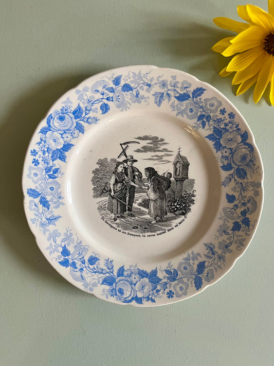 Assiette parlante ancienne – décor floral bleu  Vaisselle Patine