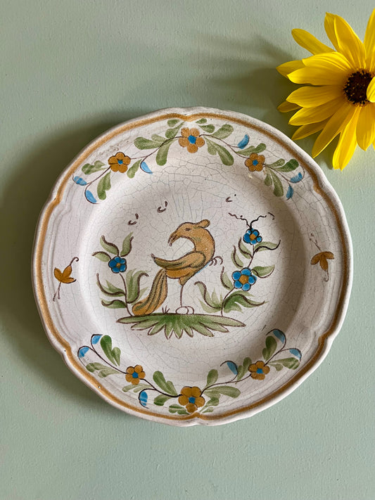 Assiette décorative en faïence – oiseau peint à la main   Patine