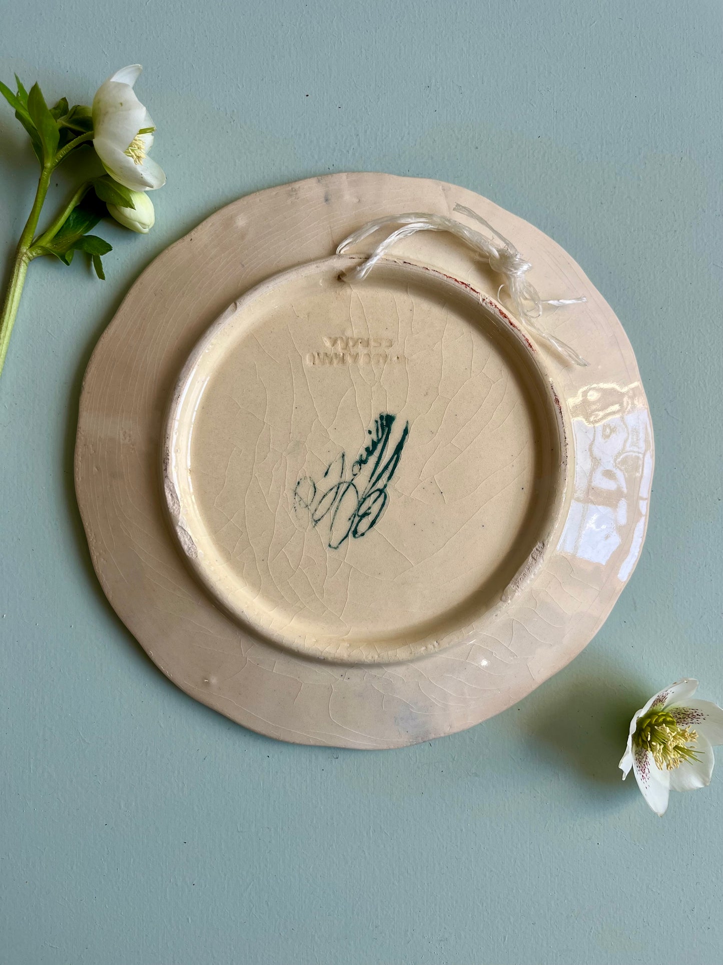 Assiette décorative en faïence vert et jaune