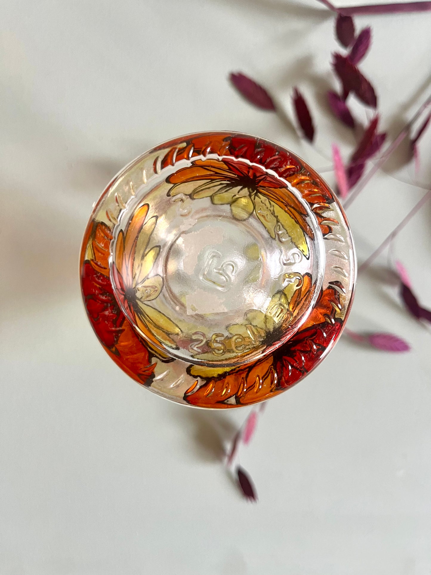 Lampe à huile en verre fleurs orange   Patine