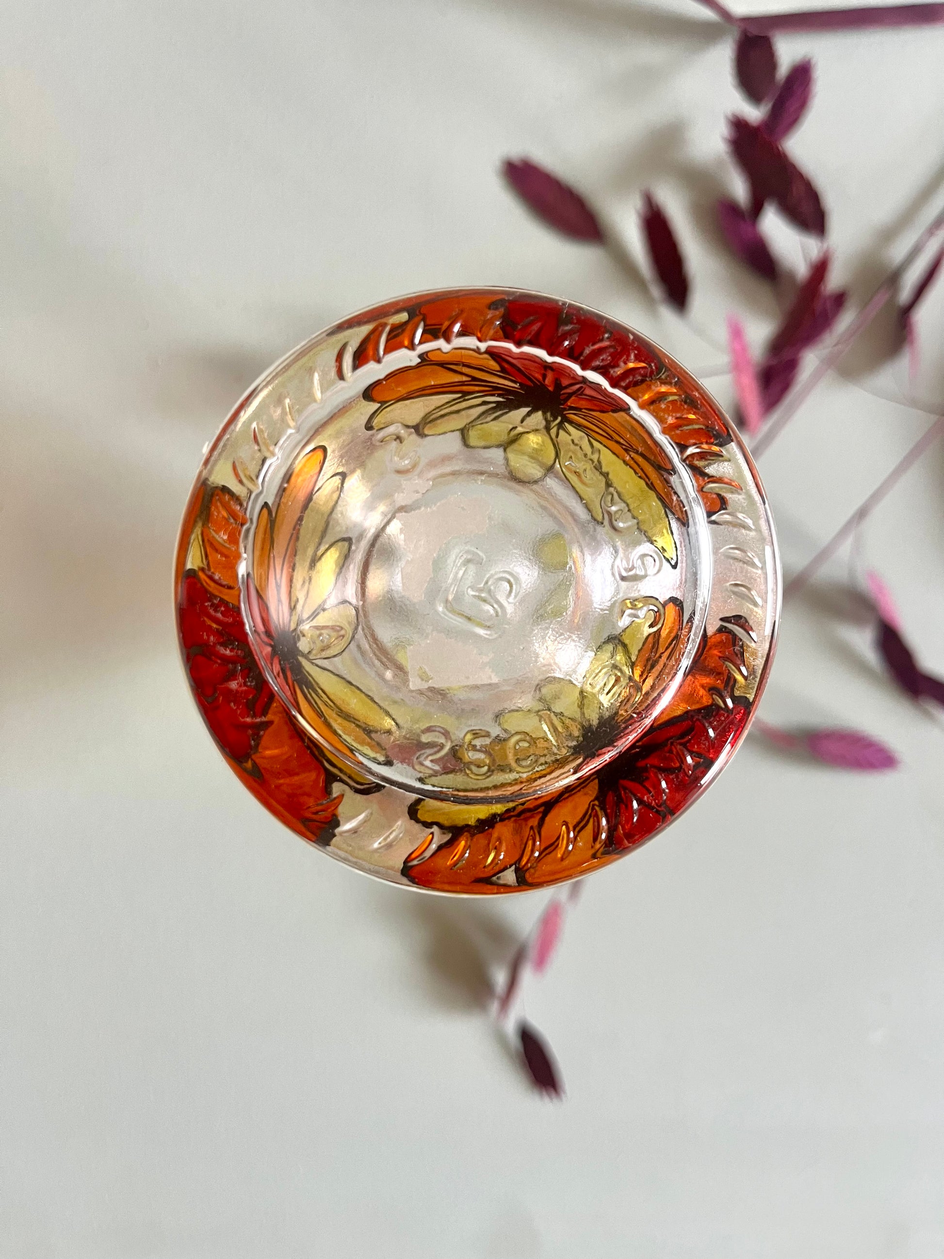 Lampe à huile en verre fleurs orange   Patine