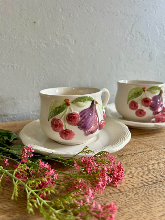 Tasses en barbotine avec coupelle - lot de 2   Patine
