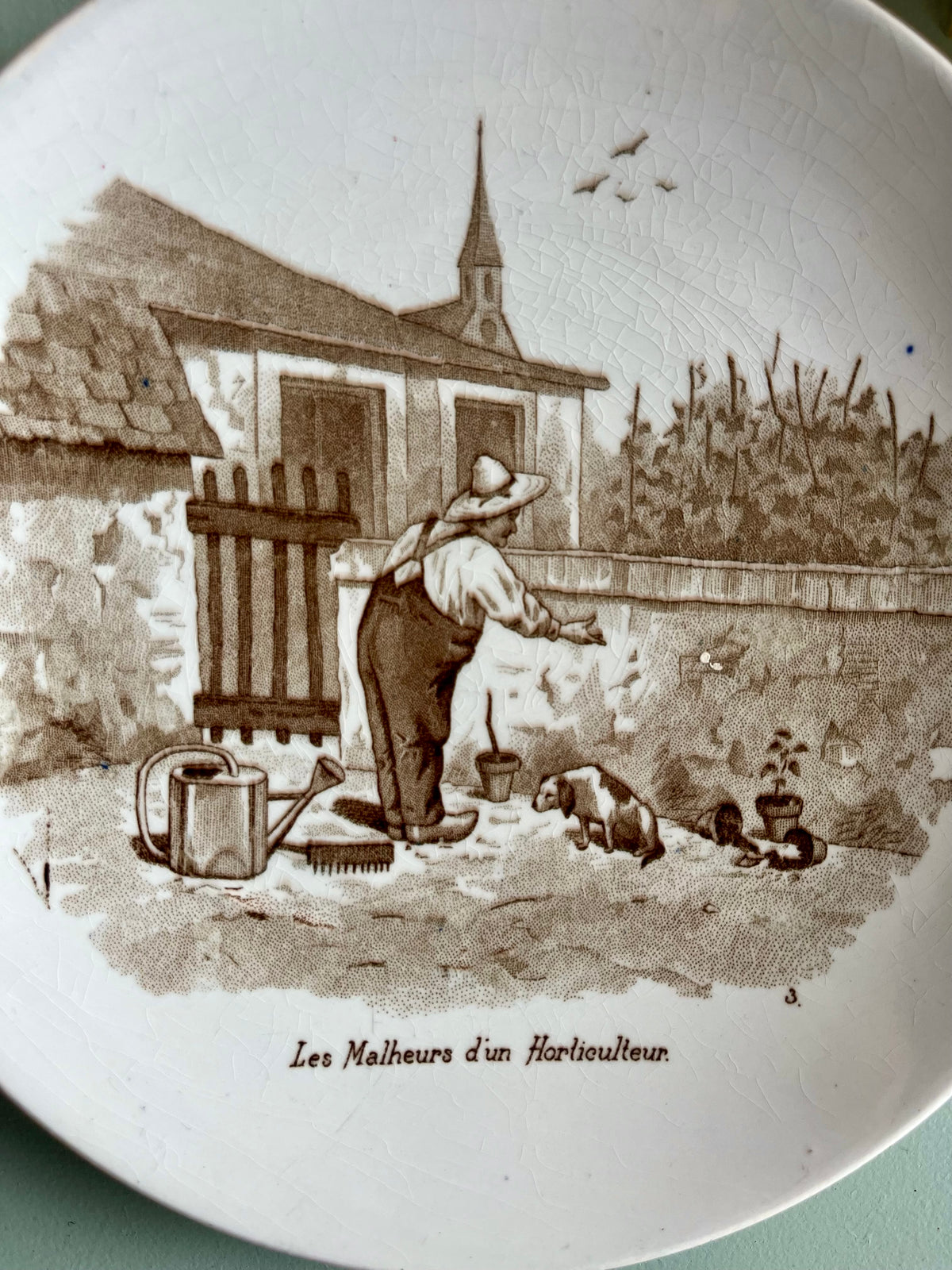 Assiette parlante Sarreguemines – Les malheurs d'un horticulteur  Vaisselle Patine