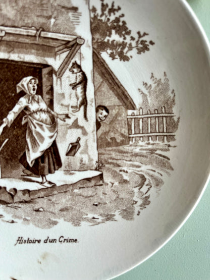 Assiette parlante Sarreguemines – Histoire d'un crime  Vaisselle Patine