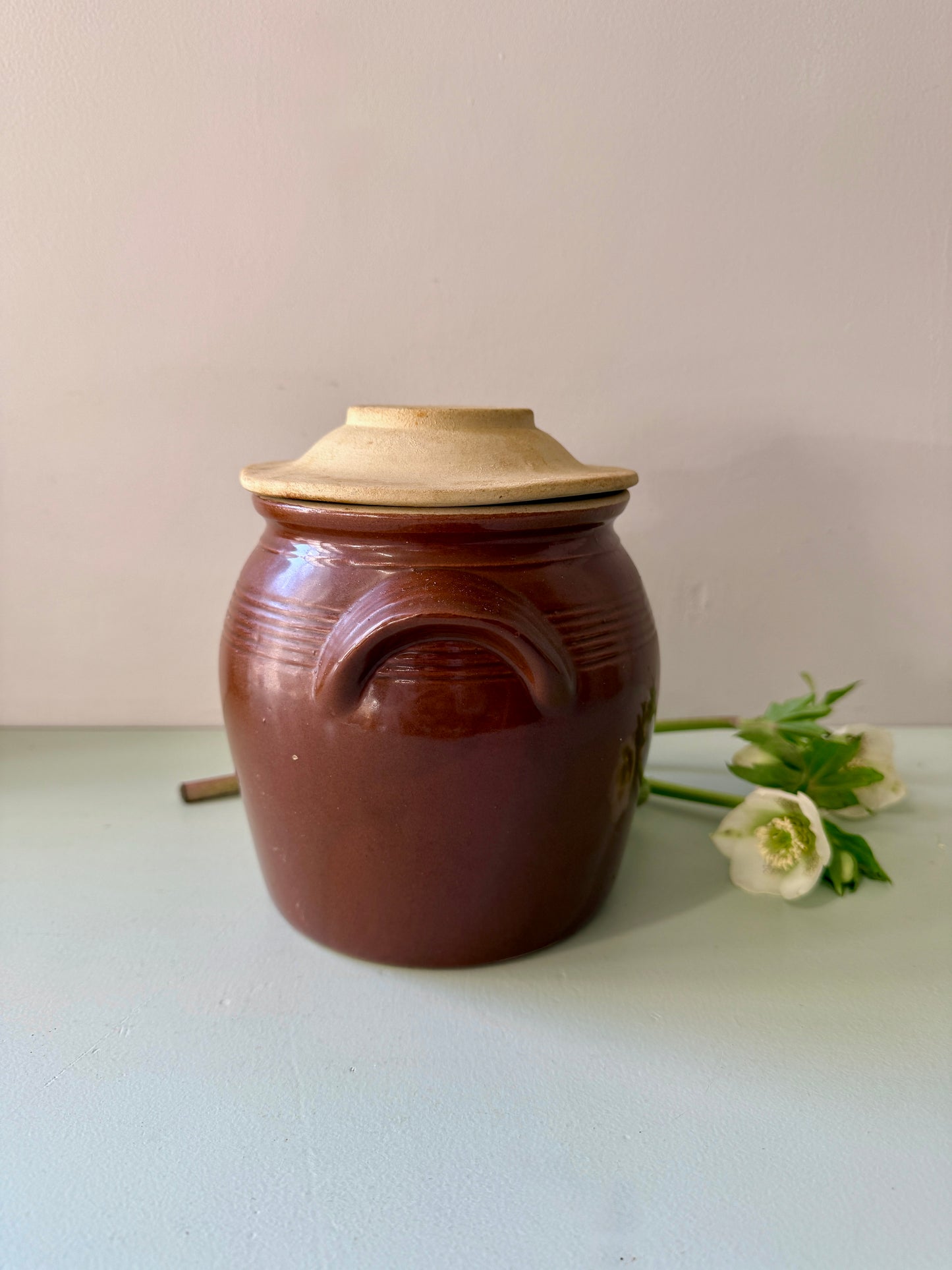 Pot à graisse en grès émaillé avec couvercle