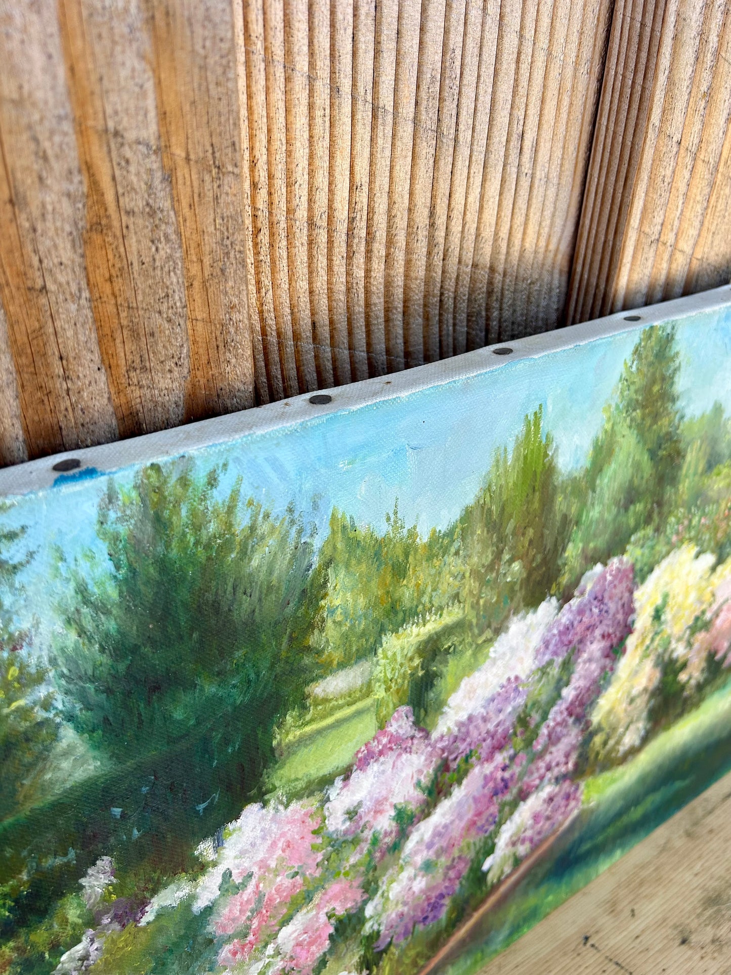 Huile sur toile jardin floral  Décoration Patine