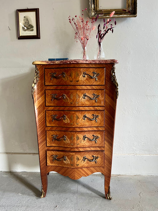 Chiffonier Louis XV en bois et marbre   Patine