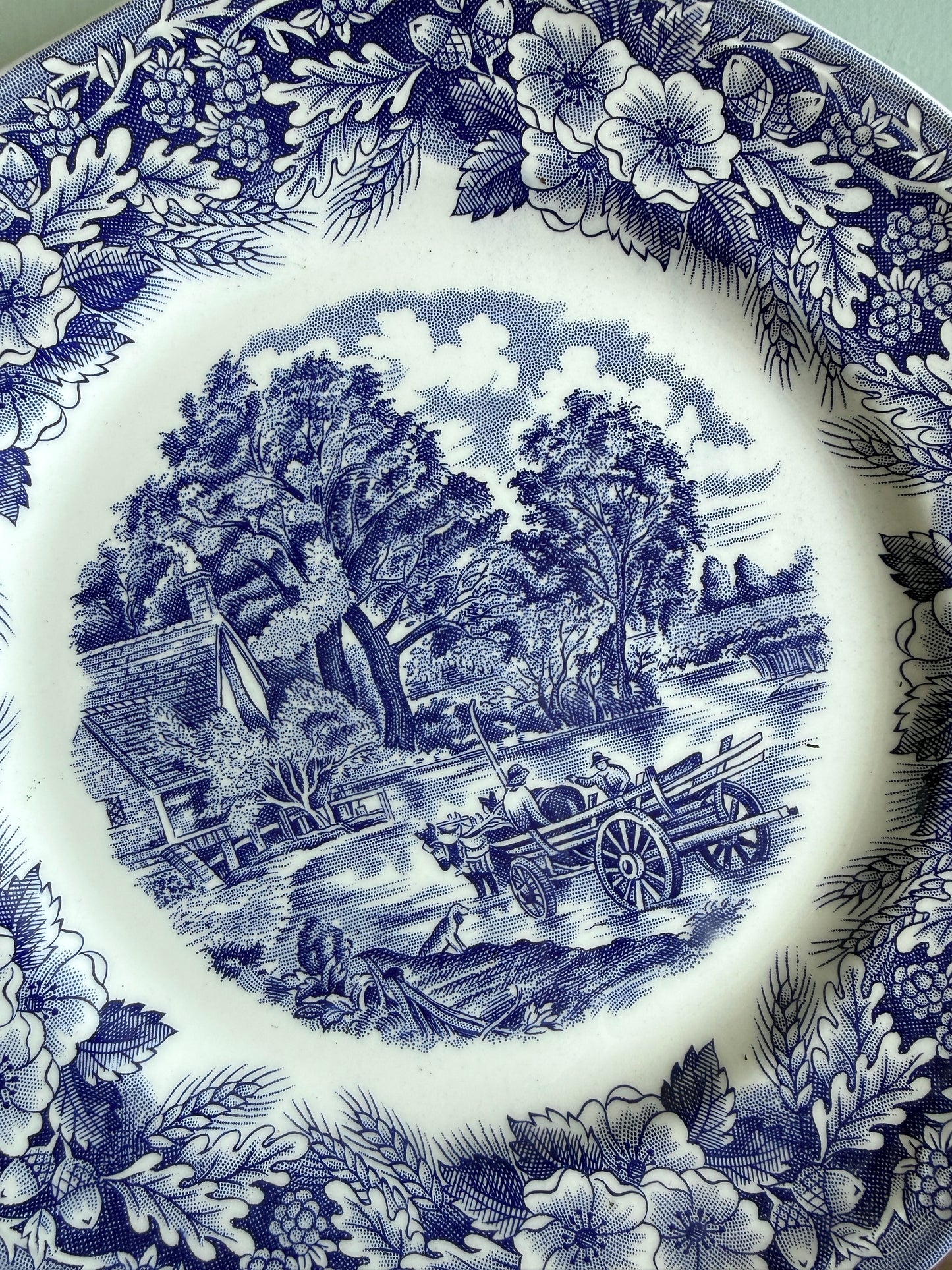Assiette plate bleue décor paysage