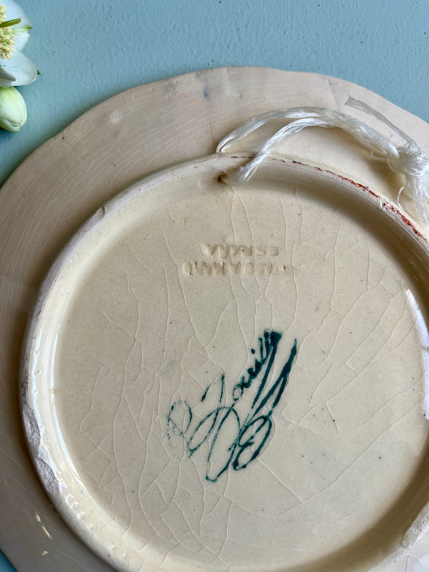 Assiette décorative en faïence vert et jaune