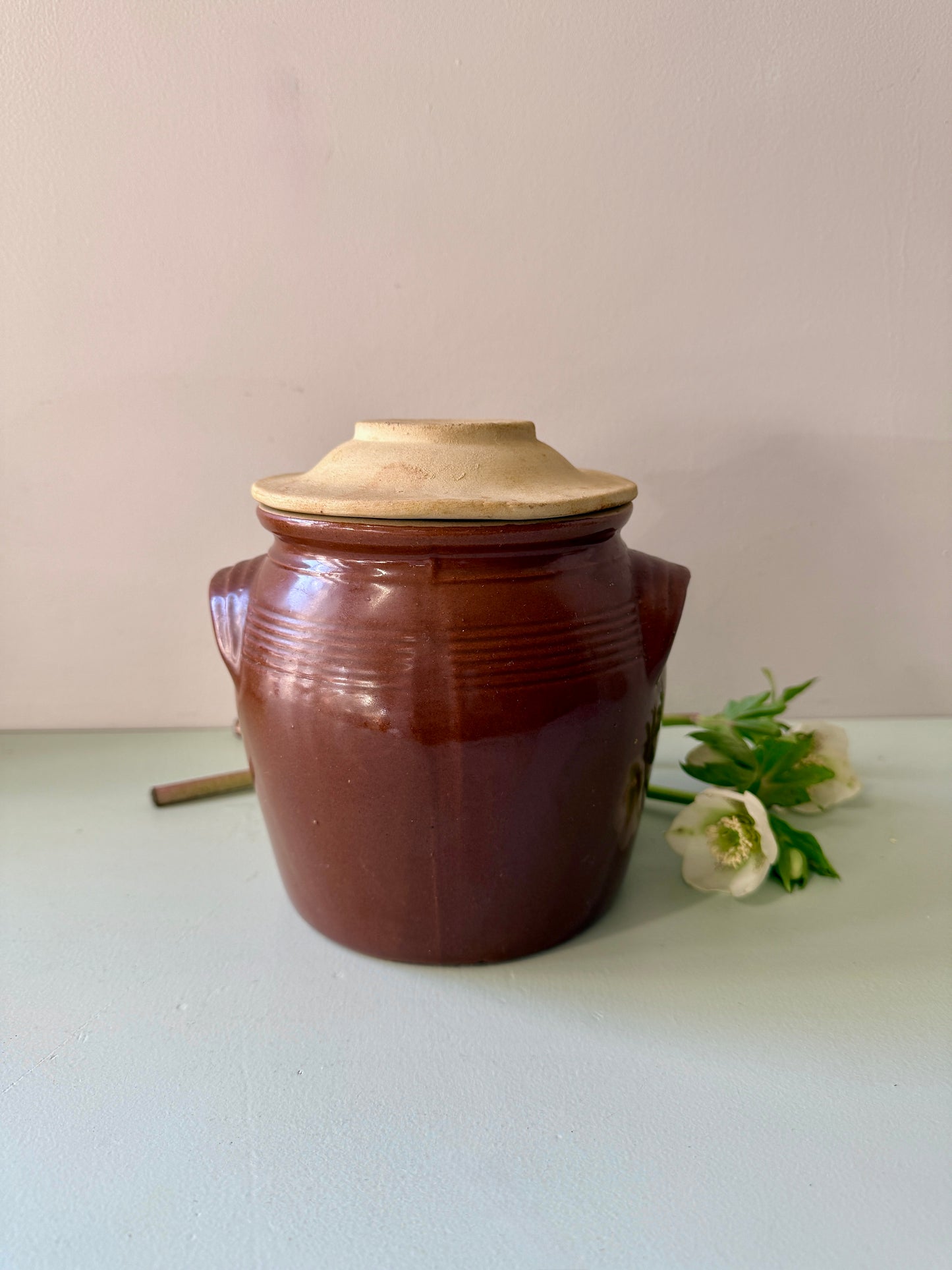 Pot à graisse en grès émaillé avec couvercle