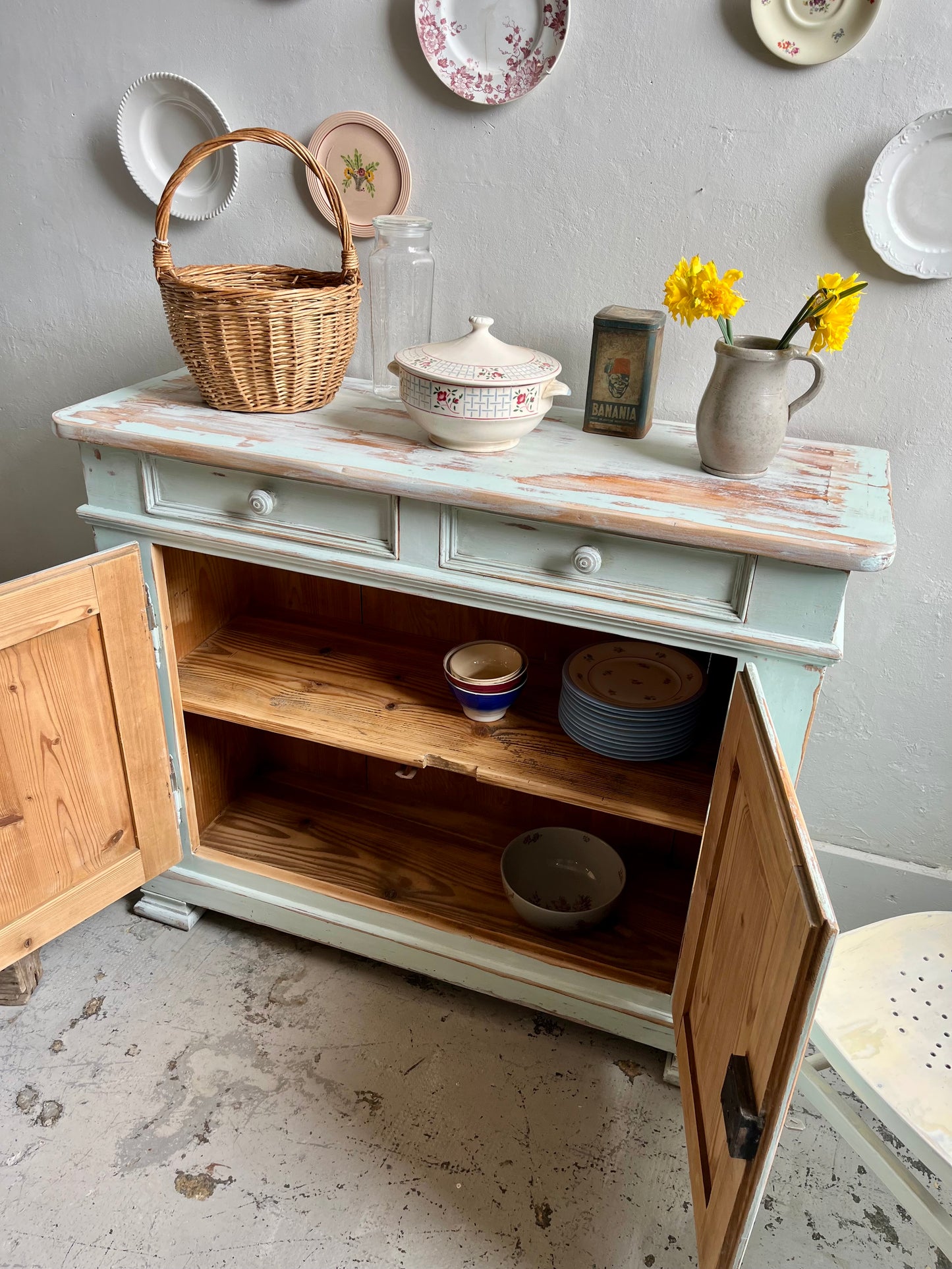 Buffet ancien patiné 2 portes bleu/vert