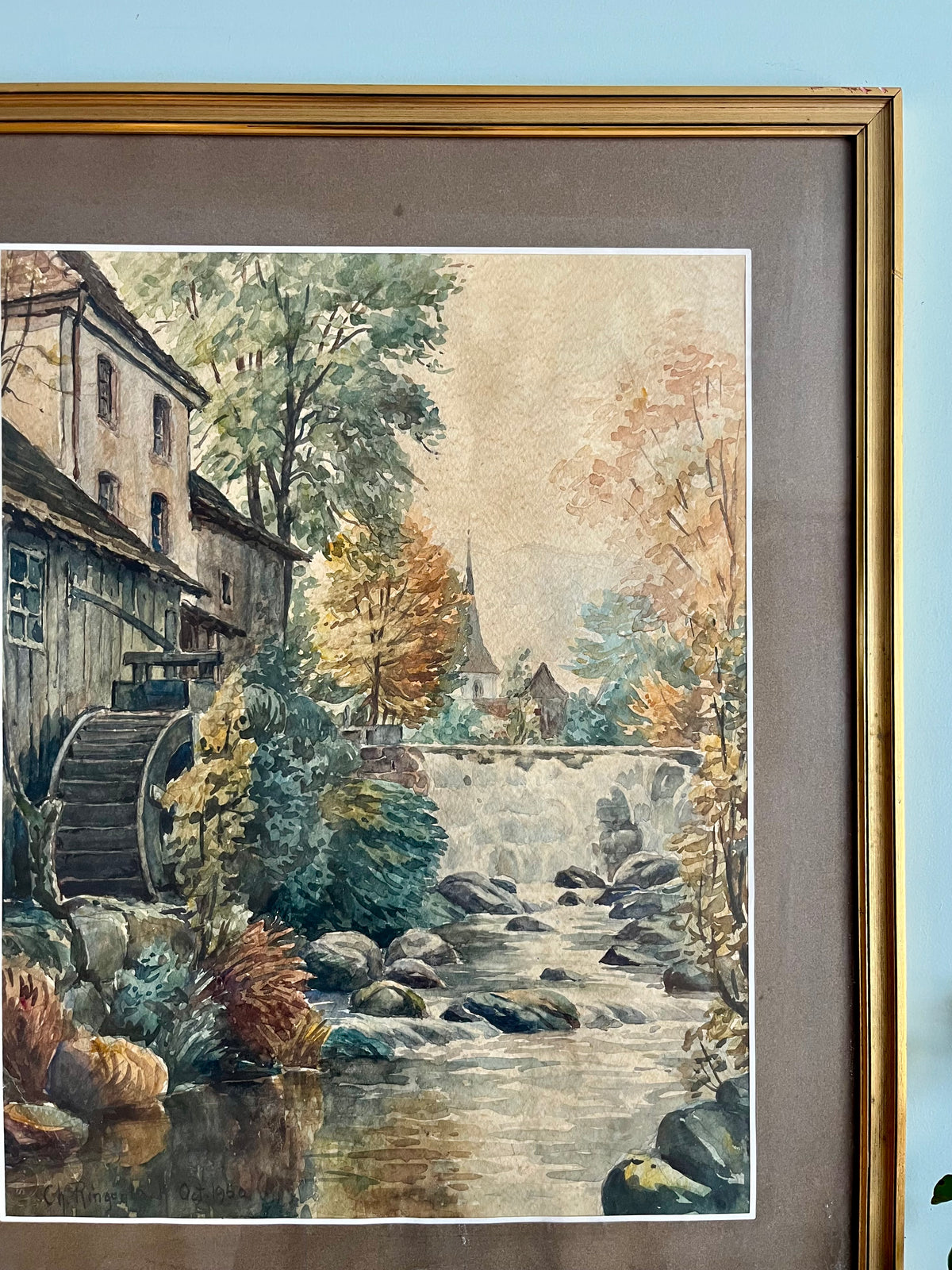 Tableau doré avec peinture à l'aquarelle   Patine