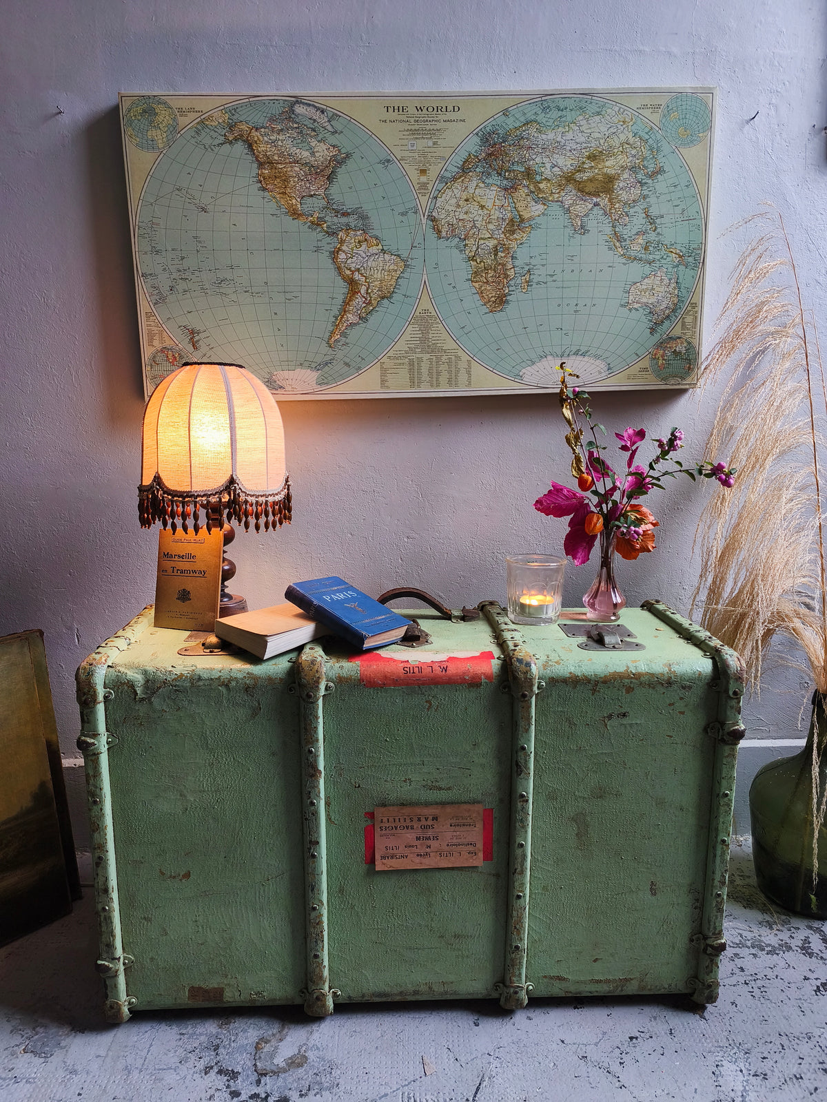Grande malle de voyage vintage vert d'eau   Patine
