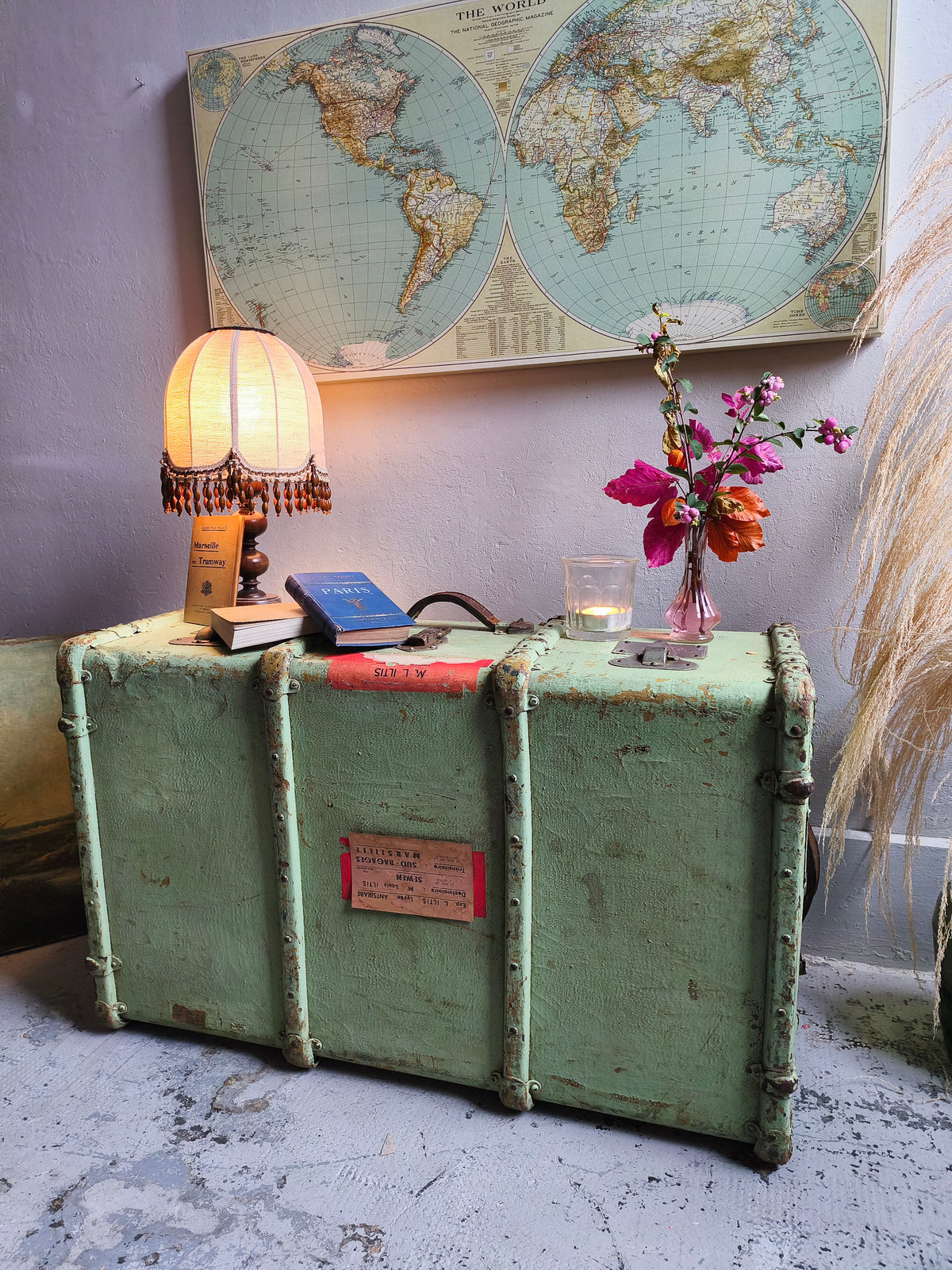 Grande malle de voyage vintage vert d'eau   Patine