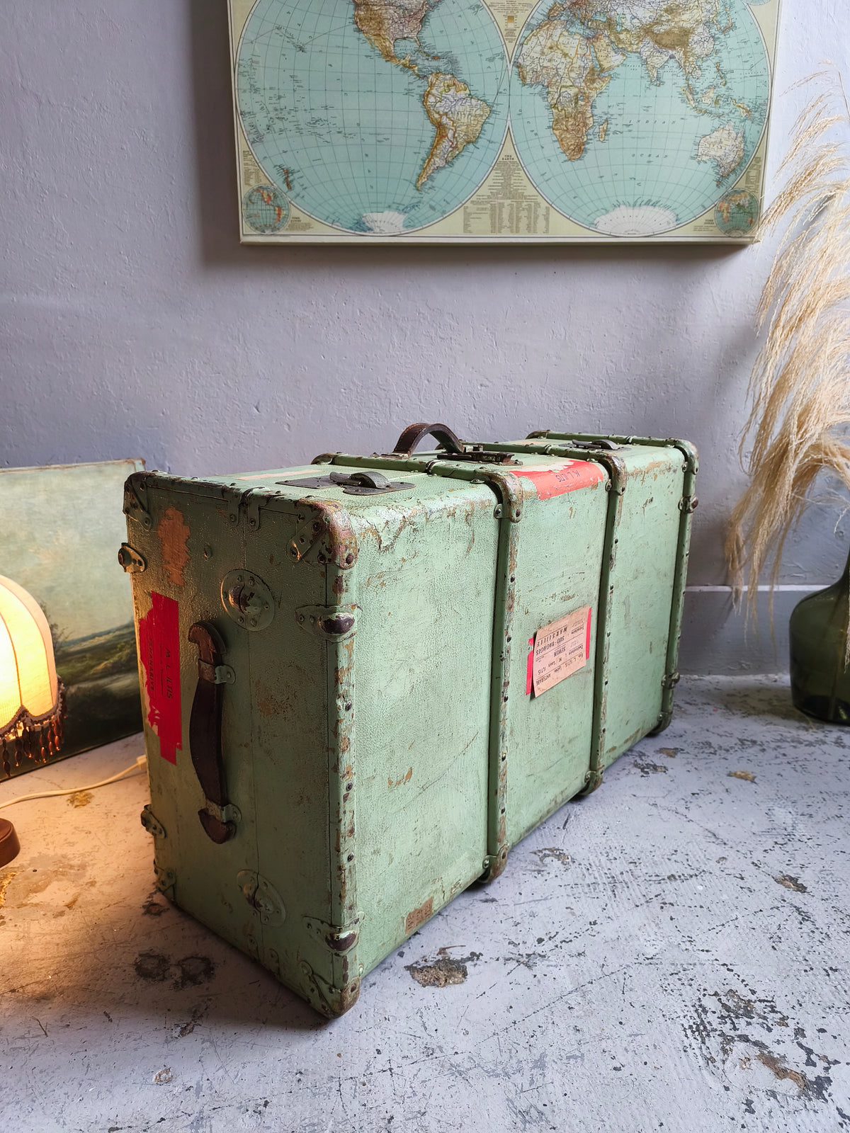 Grande malle de voyage vintage vert d'eau   Patine