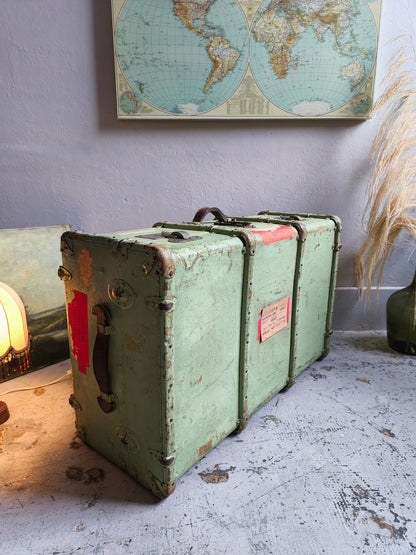 Grande malle de voyage vintage vert d'eau   Patine