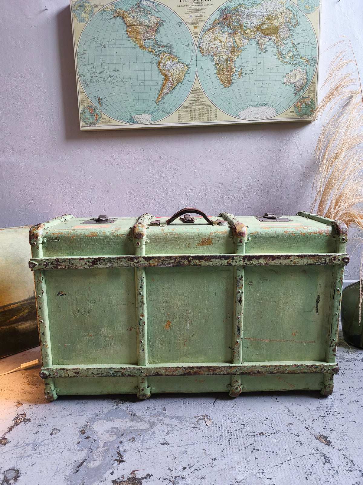 Grande malle de voyage vintage vert d'eau   Patine