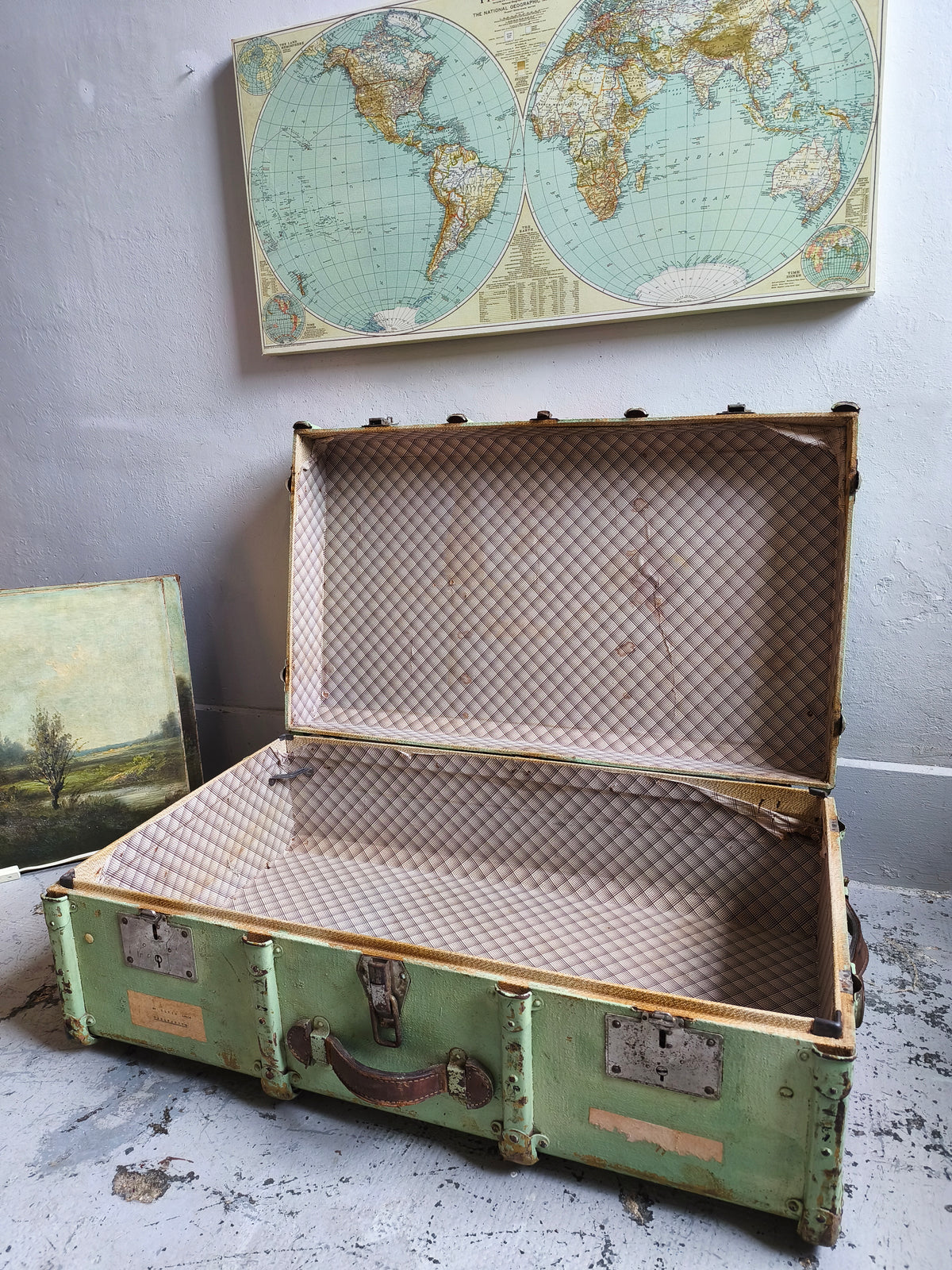 Grande malle de voyage vintage vert d'eau   Patine