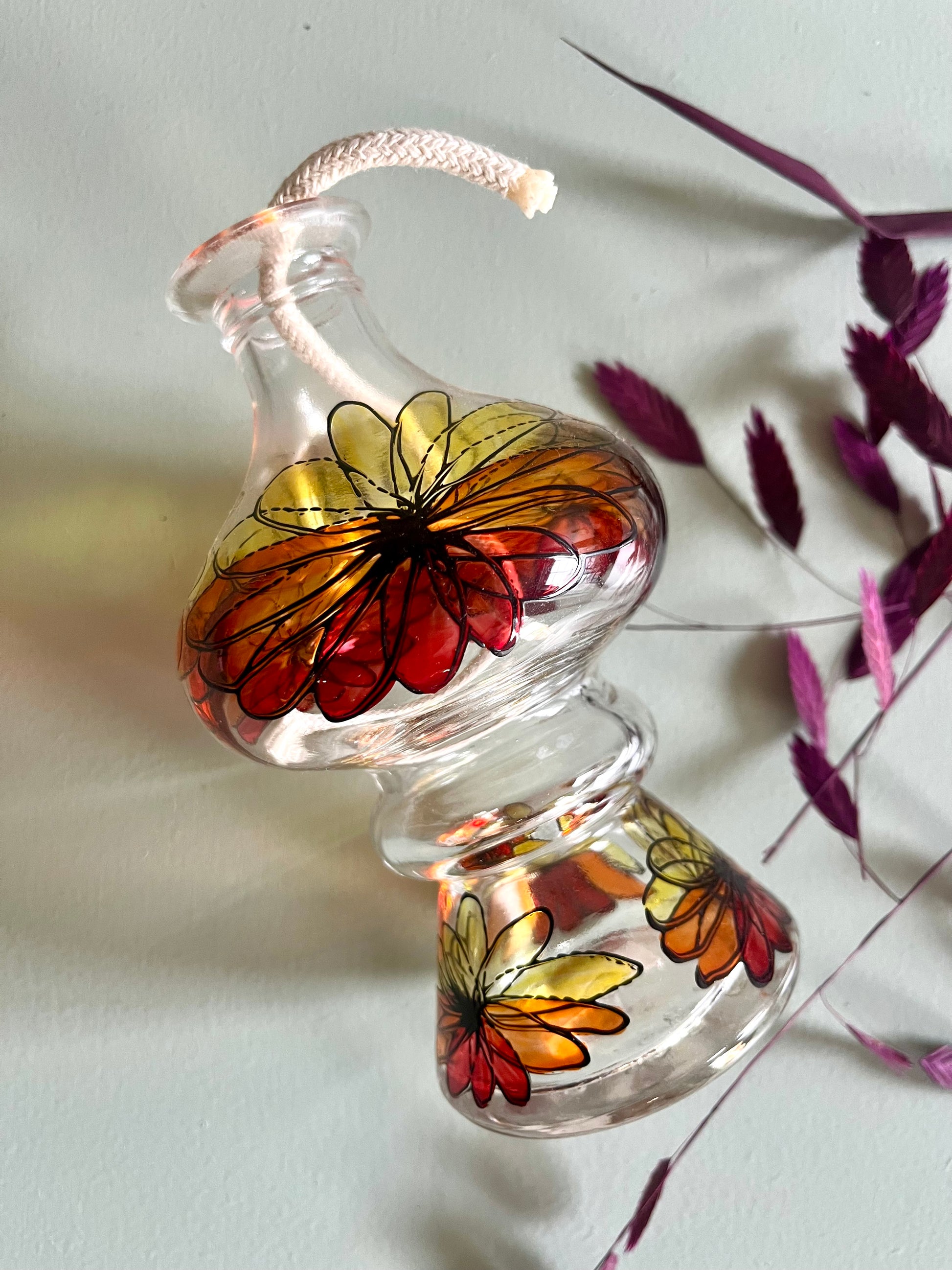 Lampe à huile en verre fleurs orange   Patine