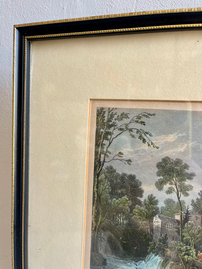 Cadre ancien avec illustration paysage moulin et cascade