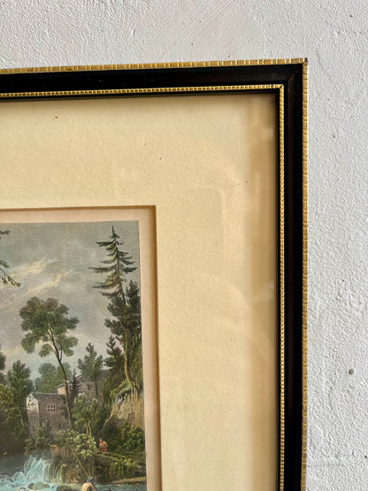 Cadre ancien avec illustration paysage moulin et cascade