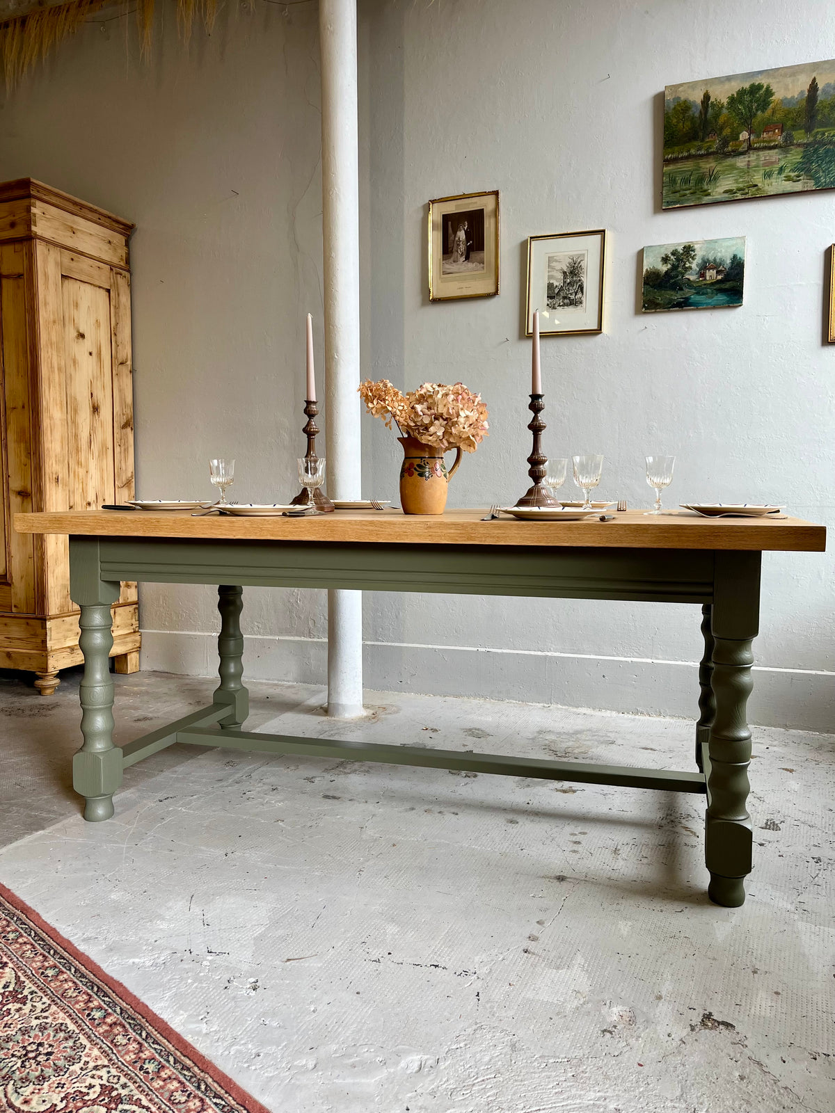 Table à manger vert et bois