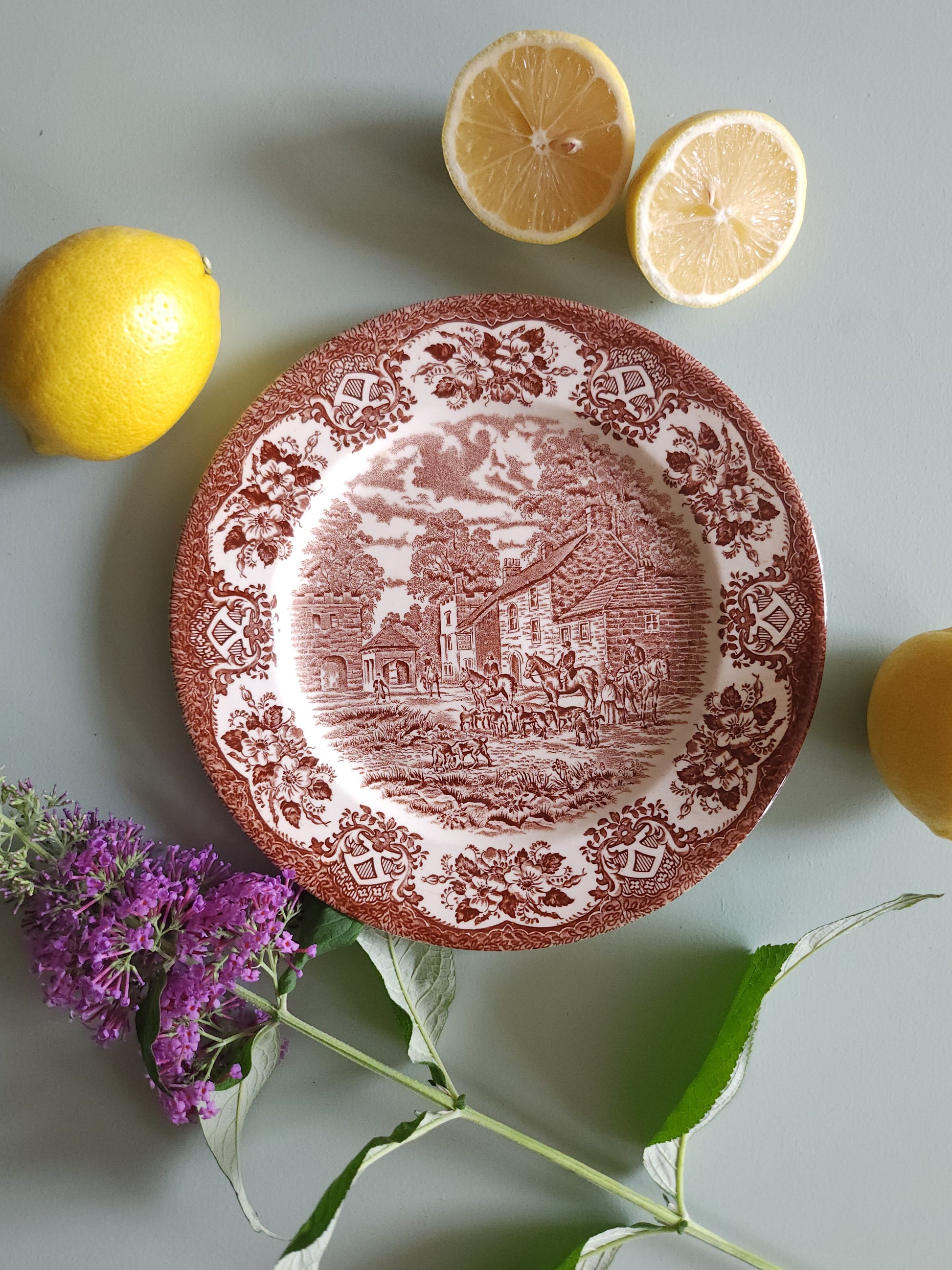 Assiette plate motif anglais marron 