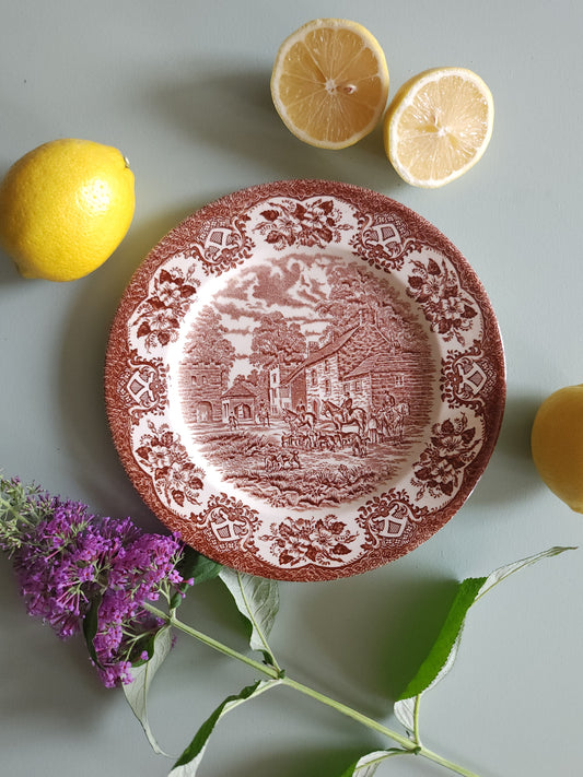 Assiette plate motif anglais marron 