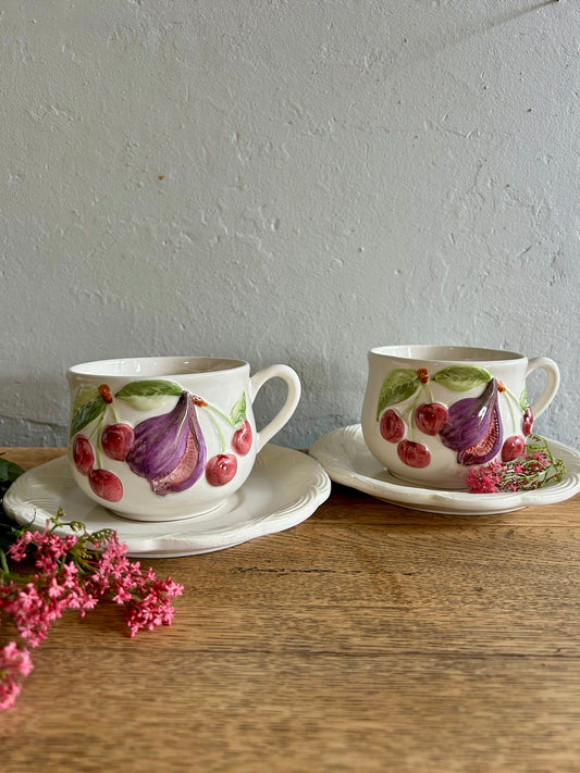 Tasses en barbotine avec coupelle - lot de 2   Patine