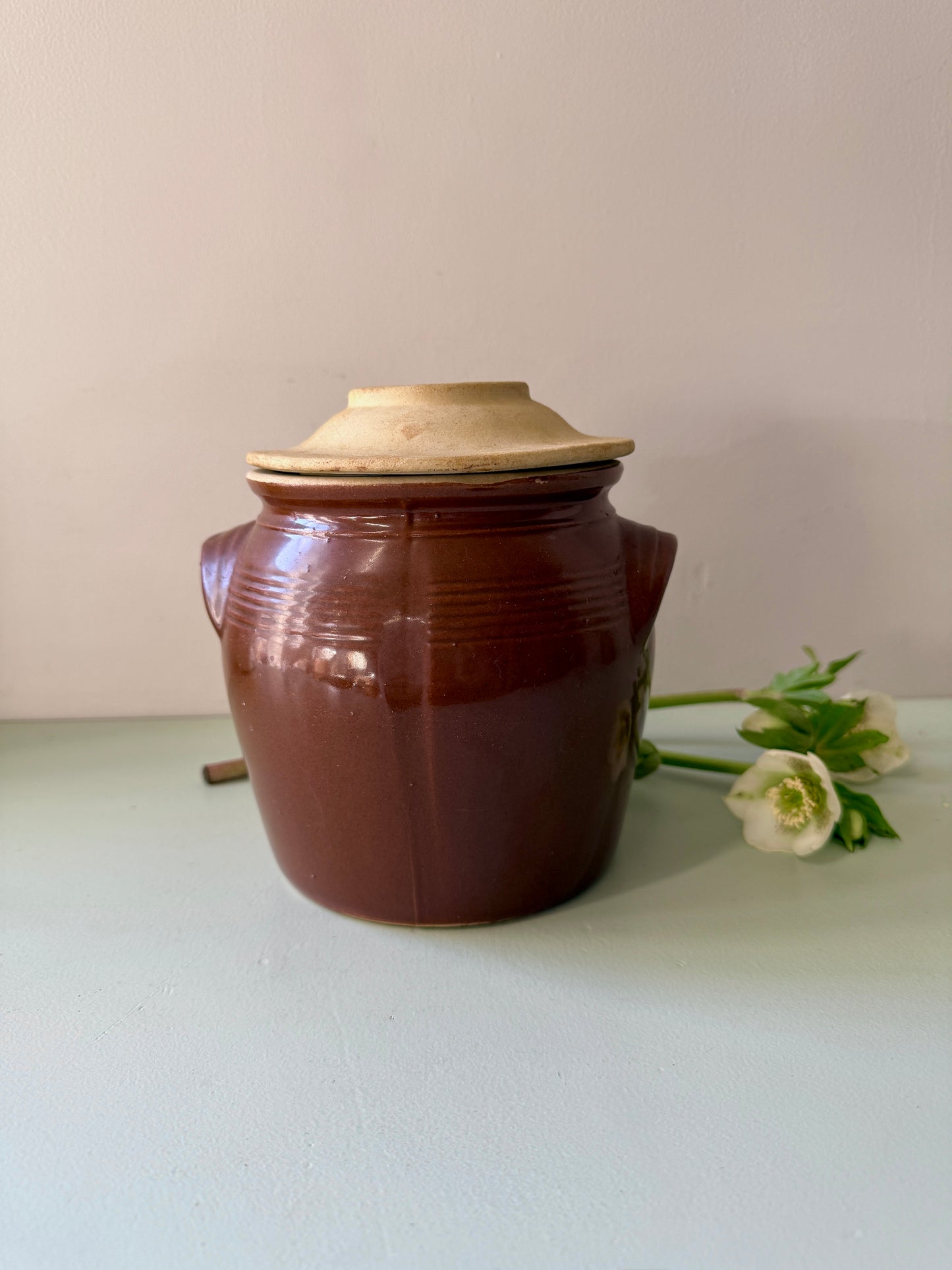 Pot à graisse en grès émaillé avec couvercle