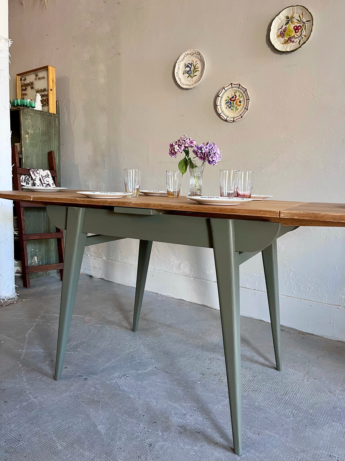 Table pieds compas avec allonges  Meubles Patine