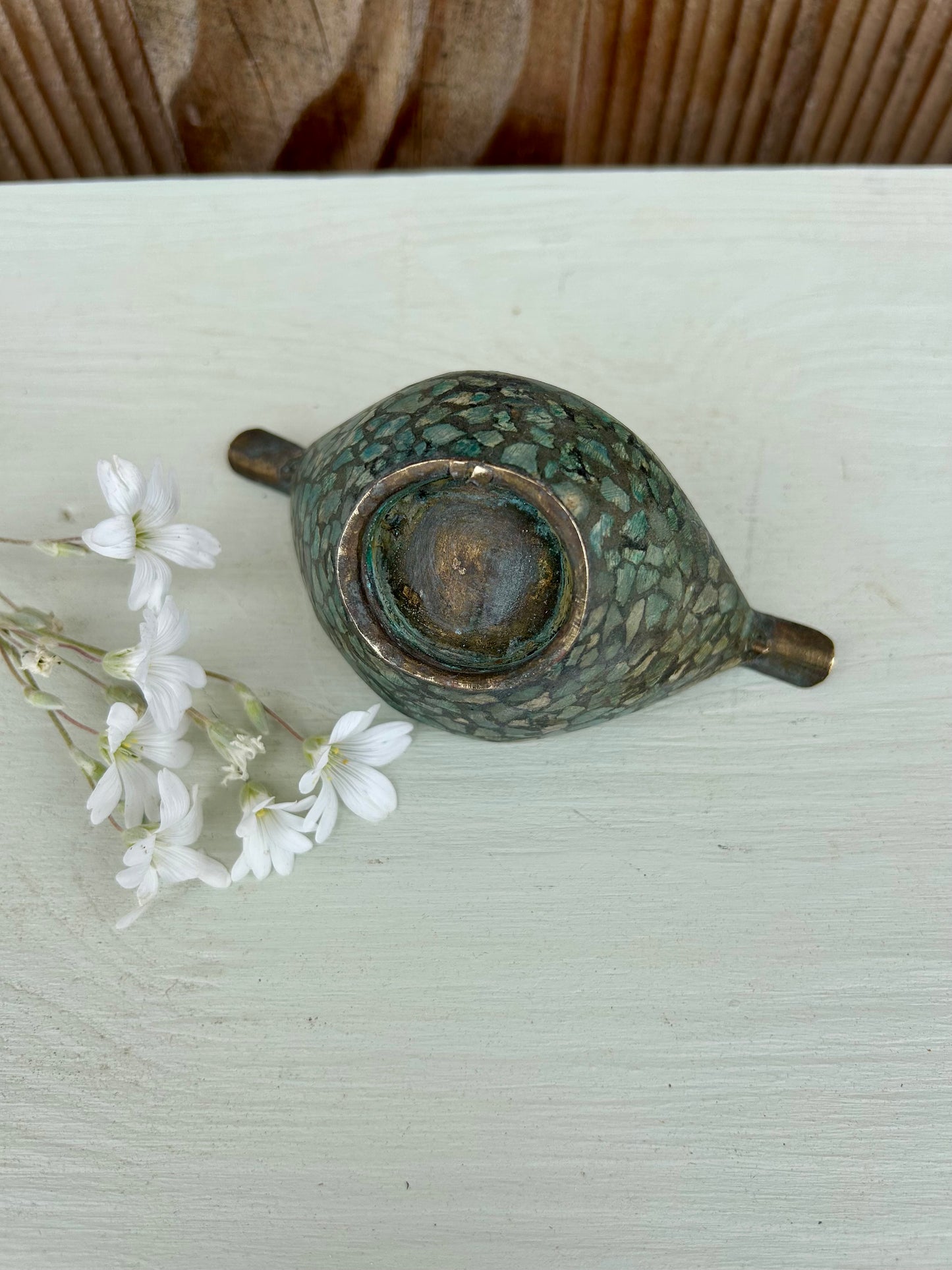 Cendrier en laiton et mosaïque turquoise