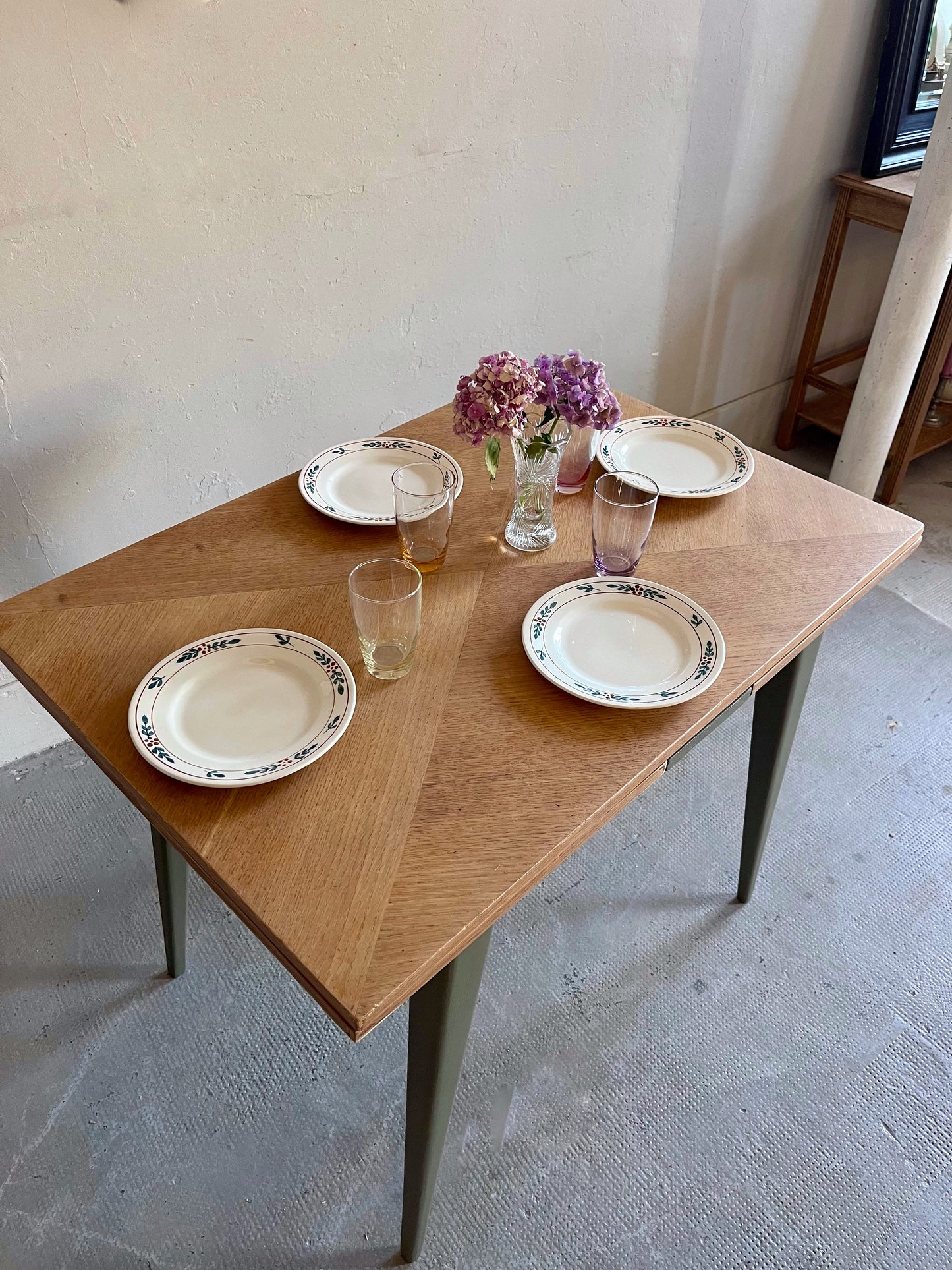 Table pieds compas avec allonges  Meubles Patine