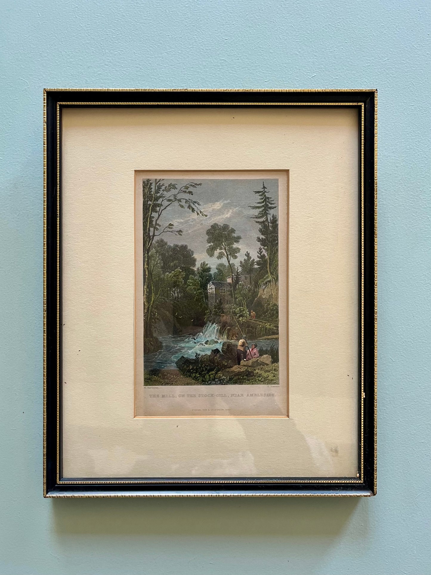 Cadre ancien avec illustration paysage moulin et cascade