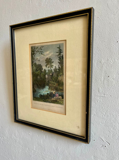 Cadre ancien avec illustration paysage moulin et cascade